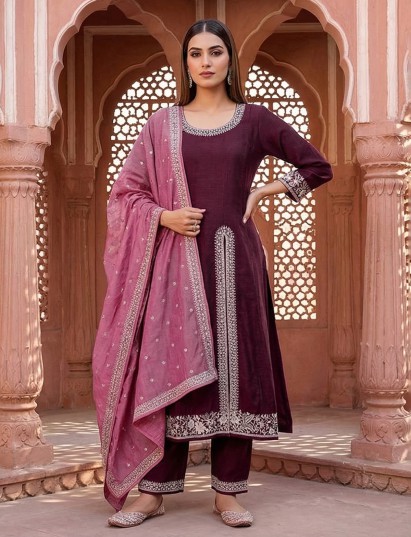 Wine silk festive palazzo suit with embroidery and contrast dupatta