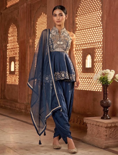 Rama blue designer silk dhoti suit with embellished dupatta