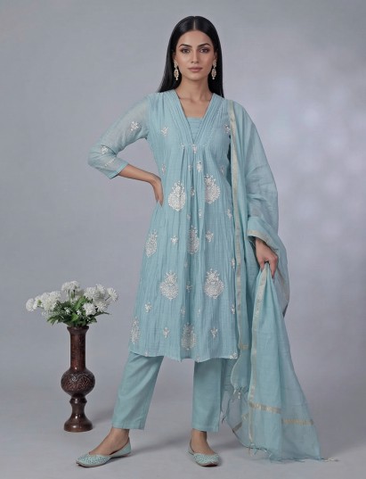 Sky blue tissue festive salwar suit with embroidery and detailing