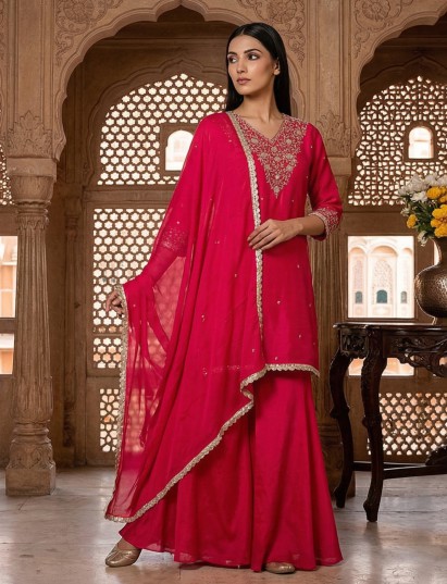 Rani pink silk festive palazzo suit with zardosi embellishments