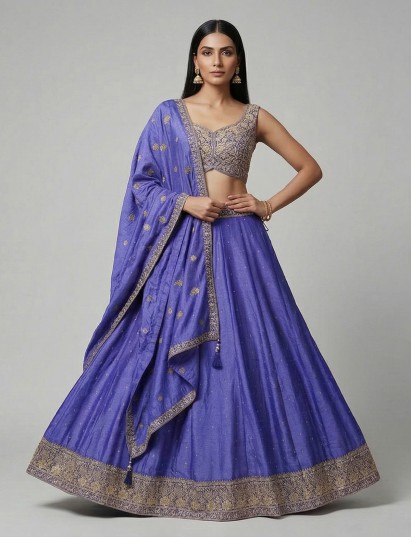Blue silk lehenga choli with shimmering embroidery
