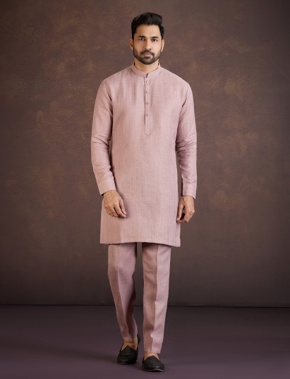 Onion pink cotton linen kurta suit with thread work