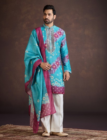 Turquoise blue silk kurta suit with thread work and dupatta