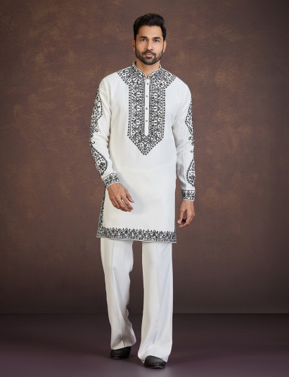 White viscose blend kurta suit with contrast thread detailing