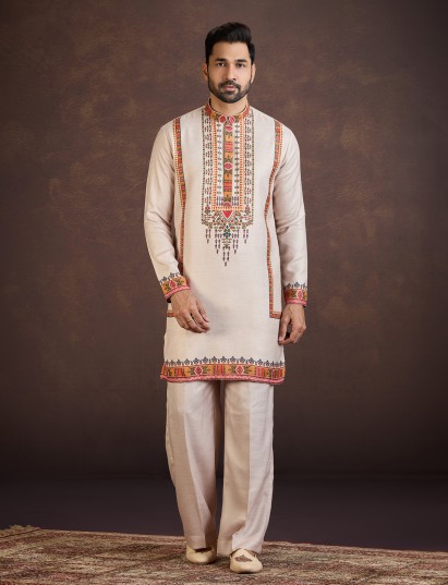 Beige soft linen printed kurta suit for wedding