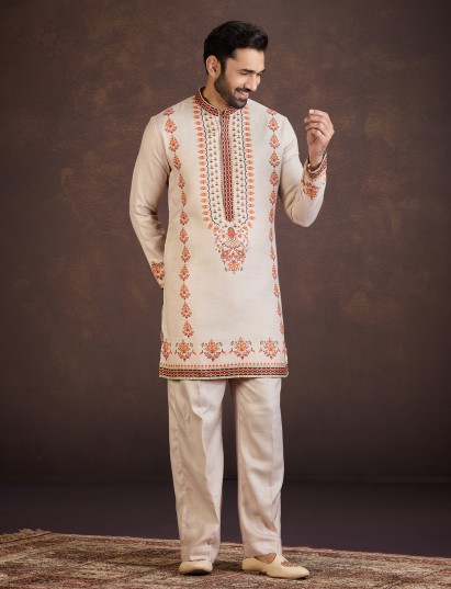 Beige soft linen wedding wear kurta suit with print