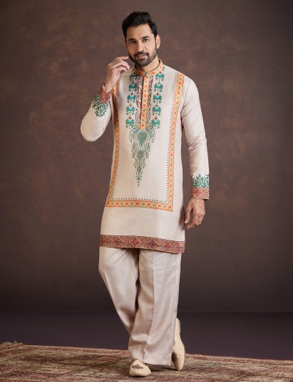 Beige printed wedding wear kurta suit