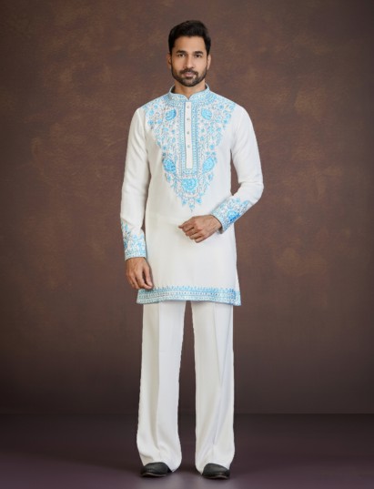 White viscose blend kurta suit with blue thread work