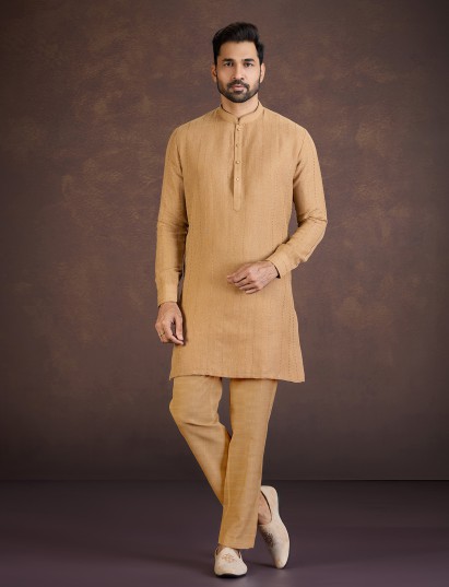 Mustard yellow cotton linen festive wear kurta suit