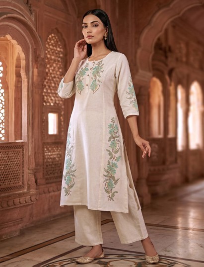 Off white cotton linen festive kurti set with thread work
