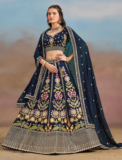 Blue georgette lehenga choli with resham and sequins detailing