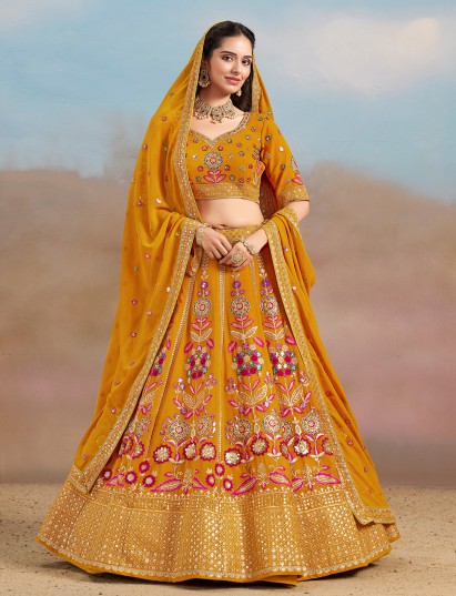 Yellow georgette lehenga choli for haldi ceremony
