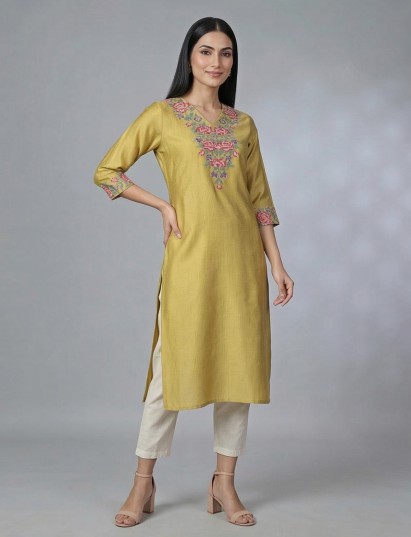 Khaki silk thread work elegant casual wear kurti