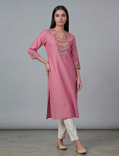 Onion pink silk thread embroidered stylish kurti