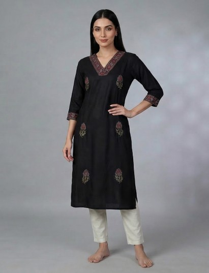Black cotton silk embroidered casual kurti