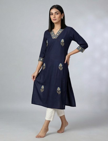 Navy blue cotton silk embroidered everyday kurti