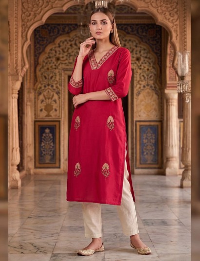 Bright maroon cotton silk embroidered casual kurti