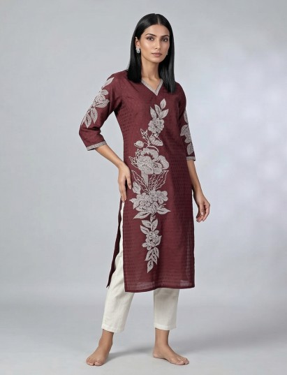 Maroon silk thread & sequins detailed casual kurti