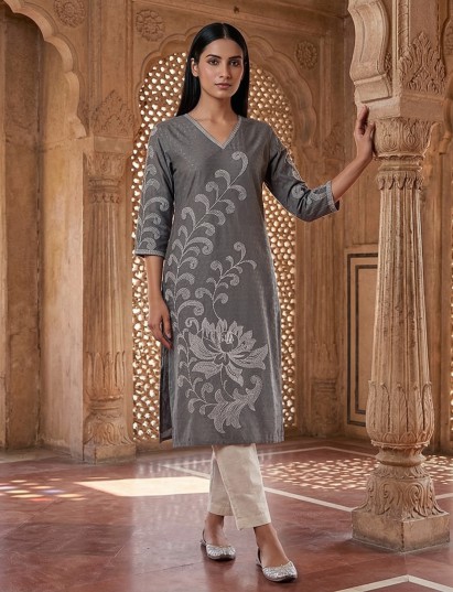 Grey silk thread & sequins work stylish casual kurti