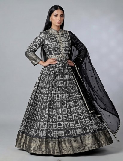 Black printed silk anarkali suit with zardosi work