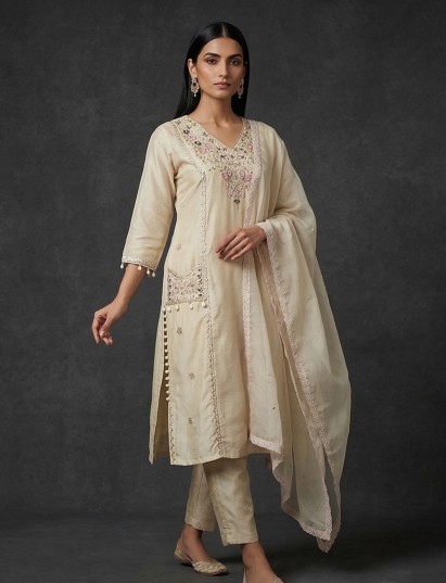 Cream silk festive salwar suit with coin and cowrie shell detailing