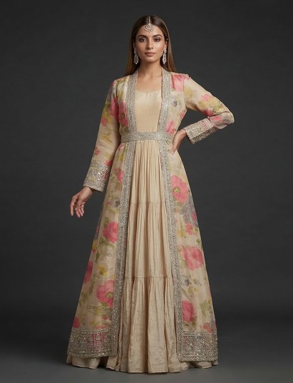Beige chiffon anarkali suit with long jacket style