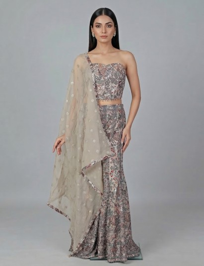 Grey georgette designer salwar suit with palazzo and dupatta