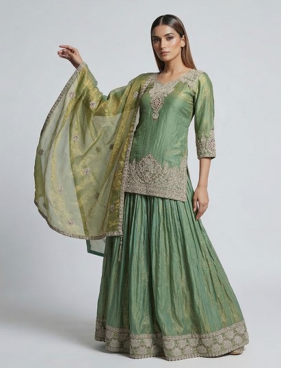 Pastel green silk lehenga style suit with dupatta