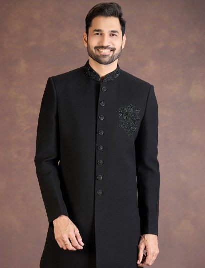 Black jacquard Indo western set with sequins embellishment