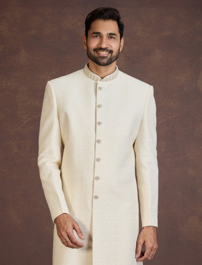 Cream Lucknowi Indo western set with rich zardosi work