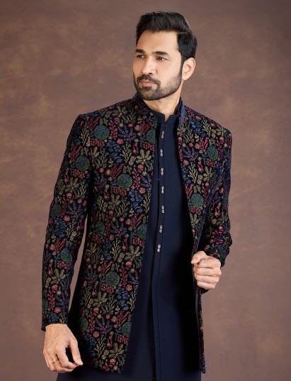 Navy blue velvet Indo western jacket set with embroidery work