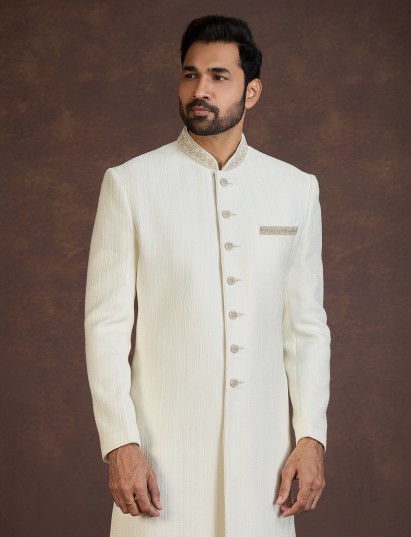 Cream jacquard Indo western set with zardosi work
