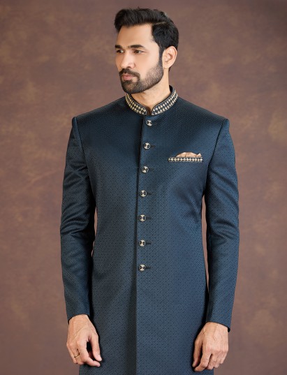 Teal blue jacquard Indo western set with embroidery work