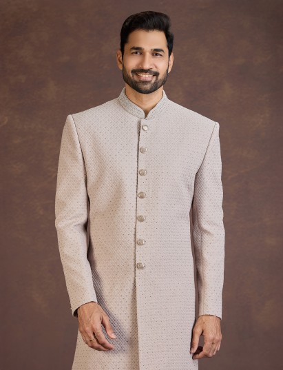 Light brown jacquard Indo western set with stone embellishment