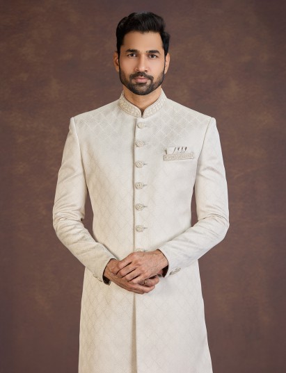 Beige jacquard Indo western set with cutdana stone work