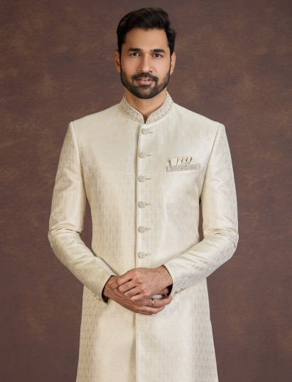 Cream Banarasi brocade Indo western set with embellishment