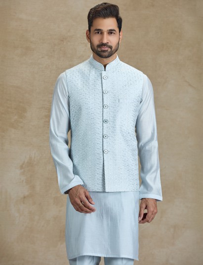 Light grey silk embroidered sequins waistcoat kurta set