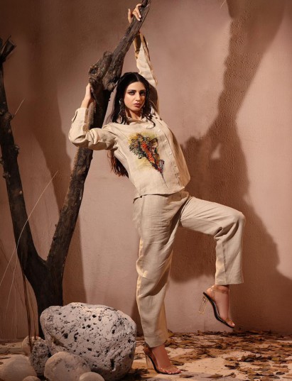 Beige linen co ord set with cutwork detailing