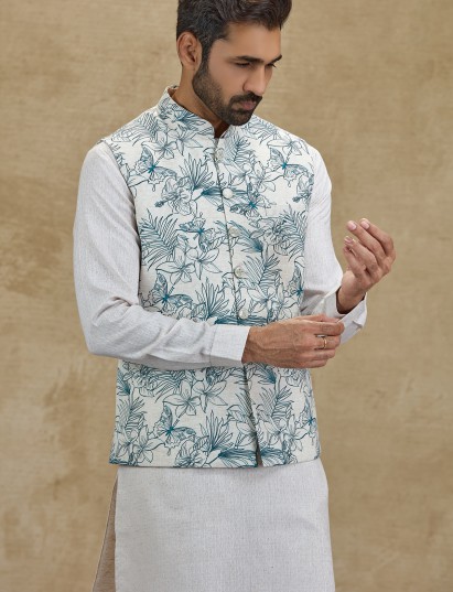 Off white blue floral printed silk waistcoat kurta set