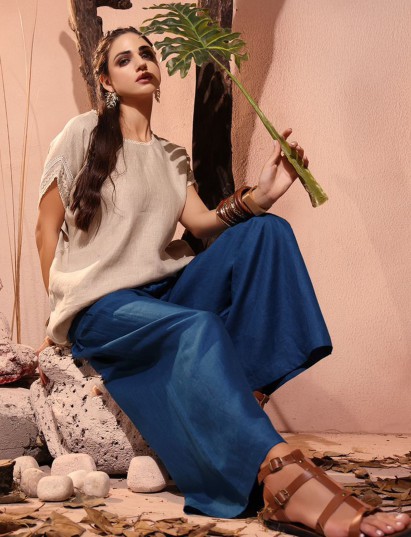 Beige and blue linen casual co ord set for women