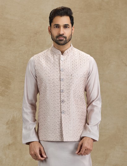 Light peach silk embroidered sequins waistcoat kurta set