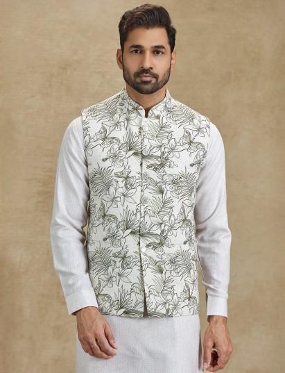 Off white olive floral printed silk waistcoat kurta set