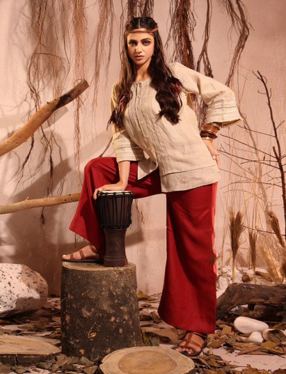 Beige and red co ord set with print