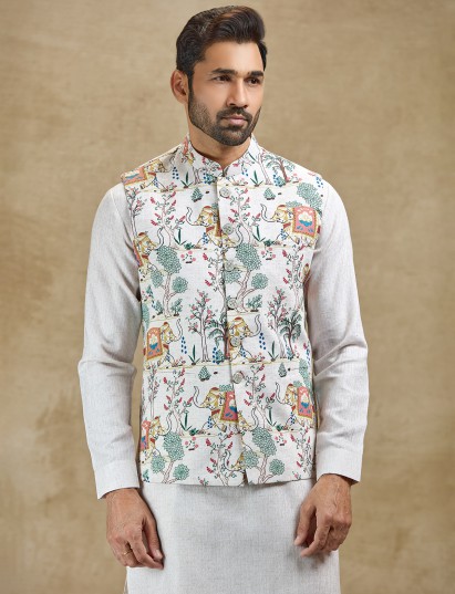 Cream printed silk waistcoat kurta set festive ethnic wear
