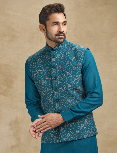 Rama green woven jacquard silk waistcoat kurta set