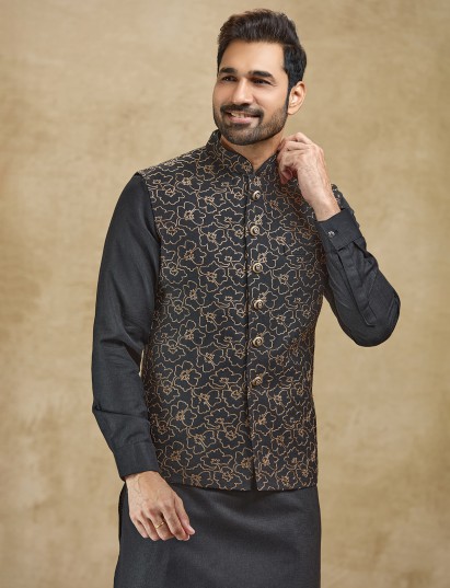 Black woven jacquard silk waistcoat kurta set for men