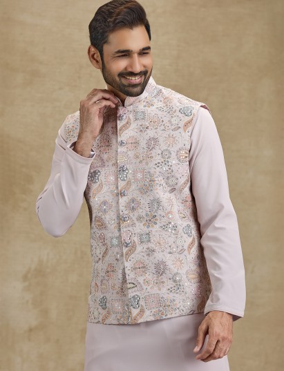Lilac purple silk thread sequins waistcoat kurta set