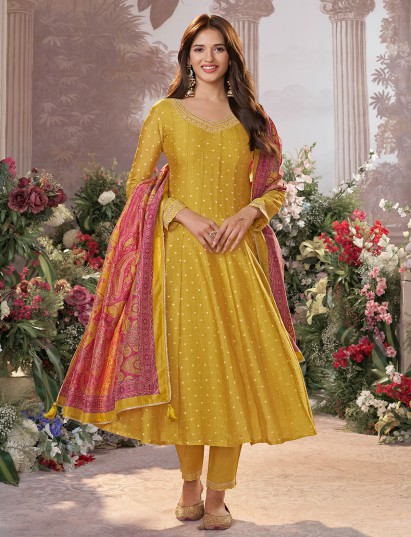 Yellow cotton silk anarkali suit with printed dupatta