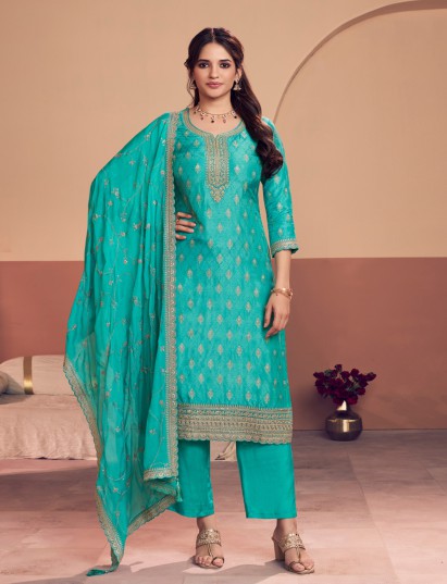 Aqua blue silk festive salwar suit with zari detailing