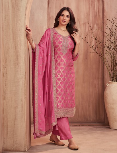 Pink silk festive salwar suit with zari work